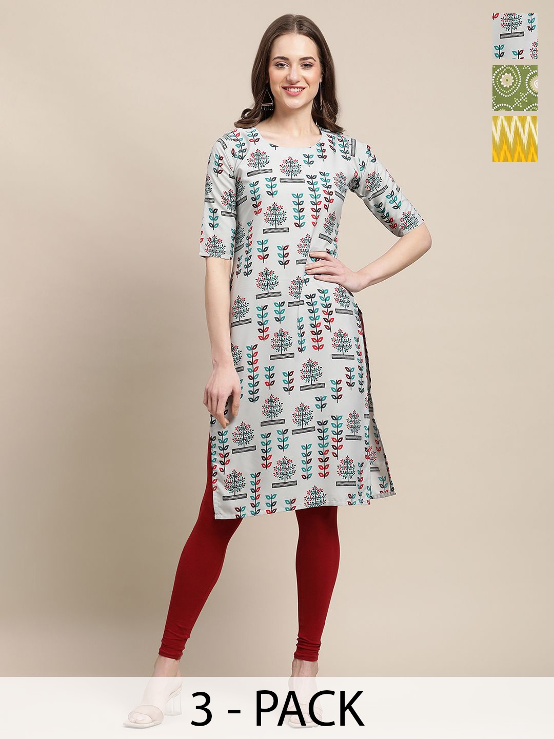 

7Threads Selection Of 3 Ethnic Motifs Printed Straight Kurtas, Blue