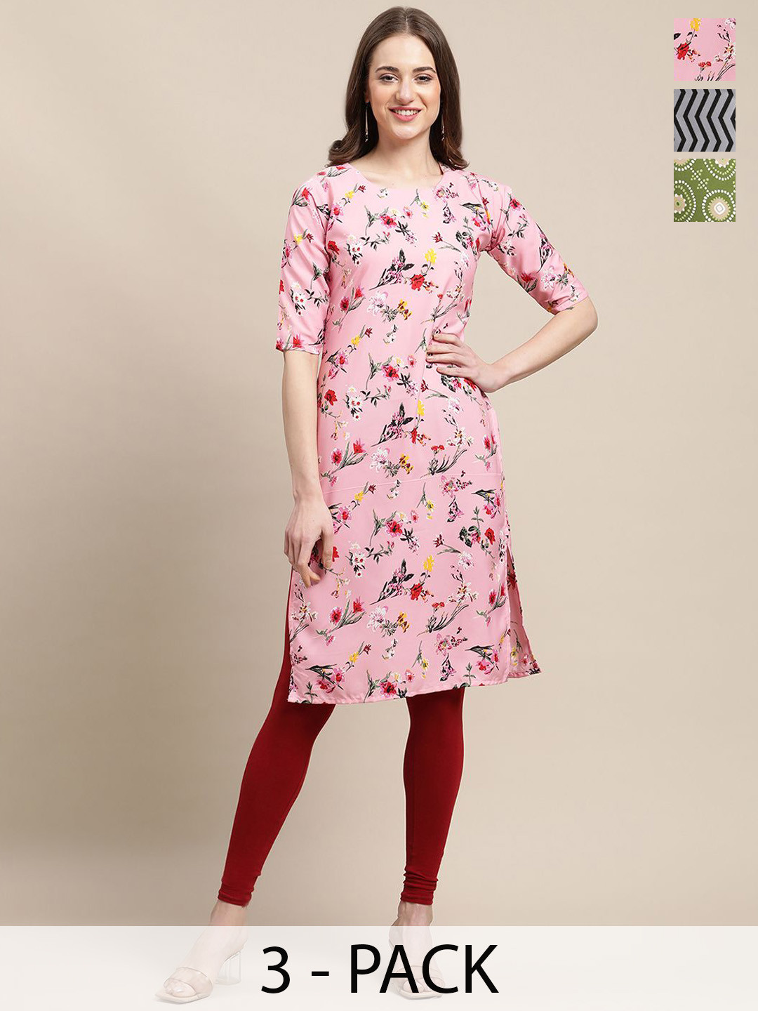 

7Threads Selection Of 3 Ethnic Motifs Printed Straight Kurtas, Pink