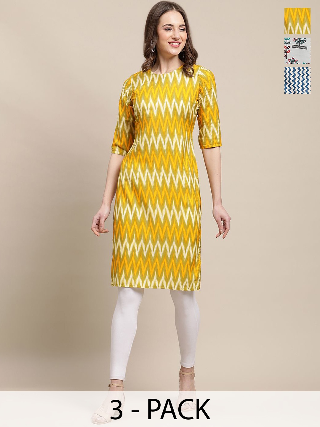 

7Threads Selection Of 3 Chevron Printed Round Neck Straight Crepe Kurtas, Yellow