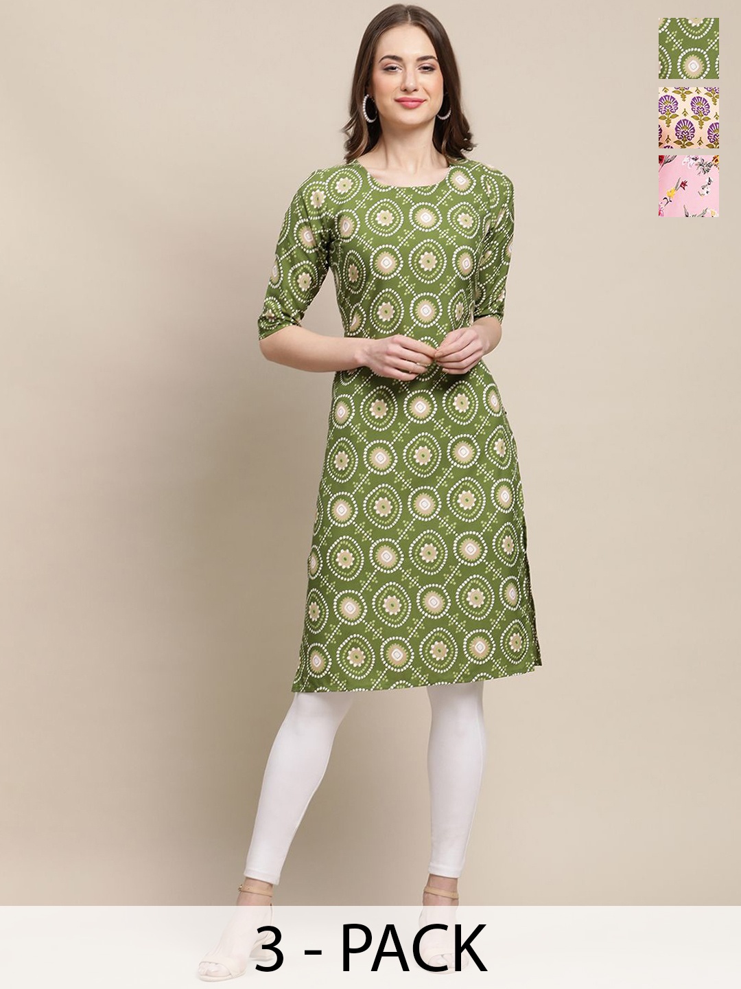 

7Threads Selection Of 3 Ethnic Motifs Printed Round Neck Regular Sleeves Straight Kurtas, Green