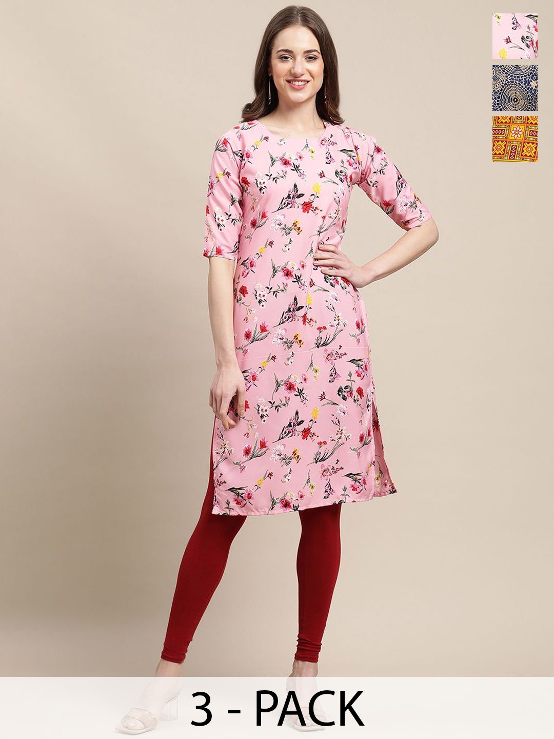 

7Threads Pack Of 3 Floral Printed Round Neck Straight Crepe Kurta, Pink