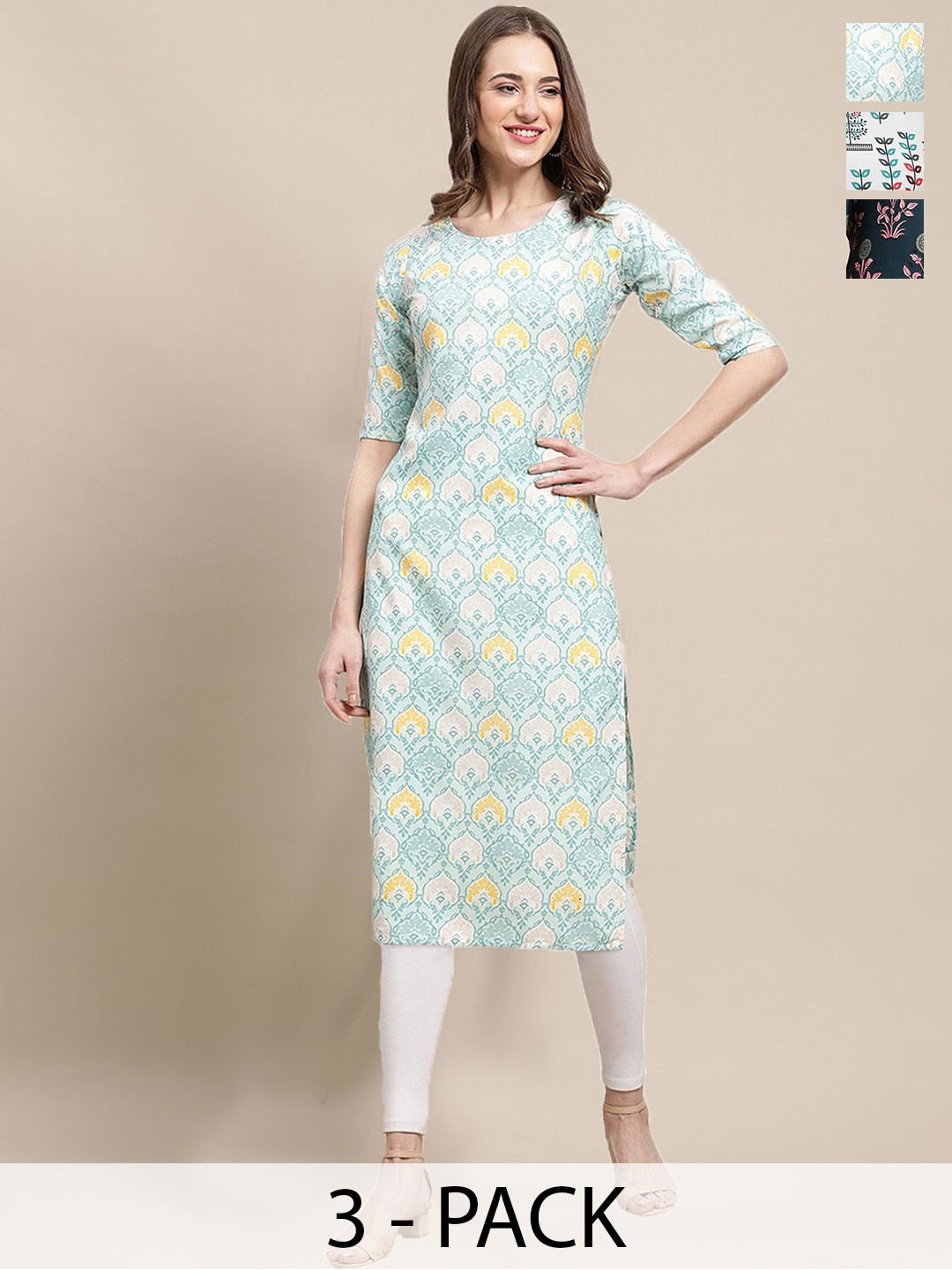 

7Threads Selection Of 3 Ethnic Motifs Printed Round Neck Crepe Straight Kurta, Blue