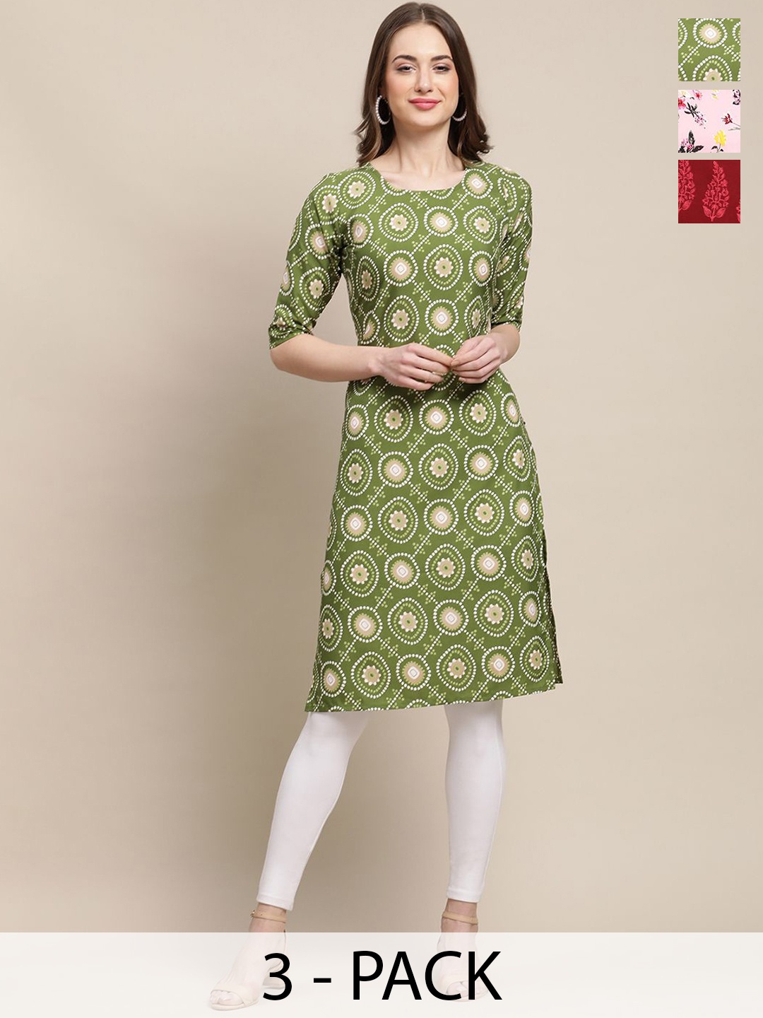 

7Threads Pack Of 3 Ethnic Motifs Printed Round Neck Straight Crepe Kurta, Green