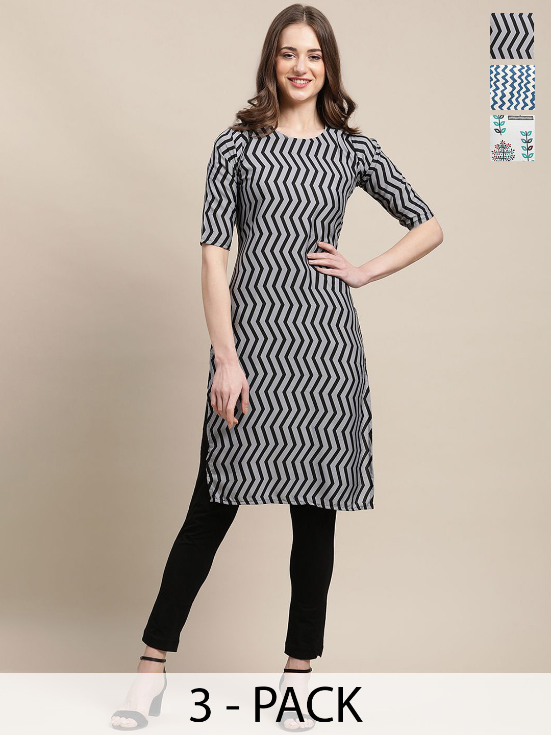 

7Threads Selection of 3 Ethnic Motifs Printed Round Neck Crepe Straight Kurta, Grey