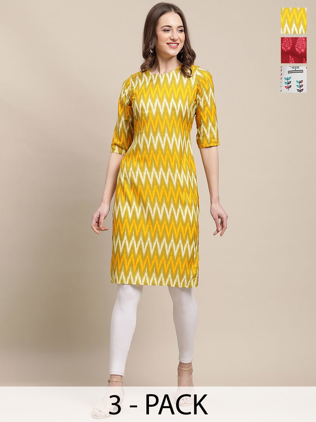 

7Threads Selection Of 3 Chevron Printed Straight Kurta, Yellow