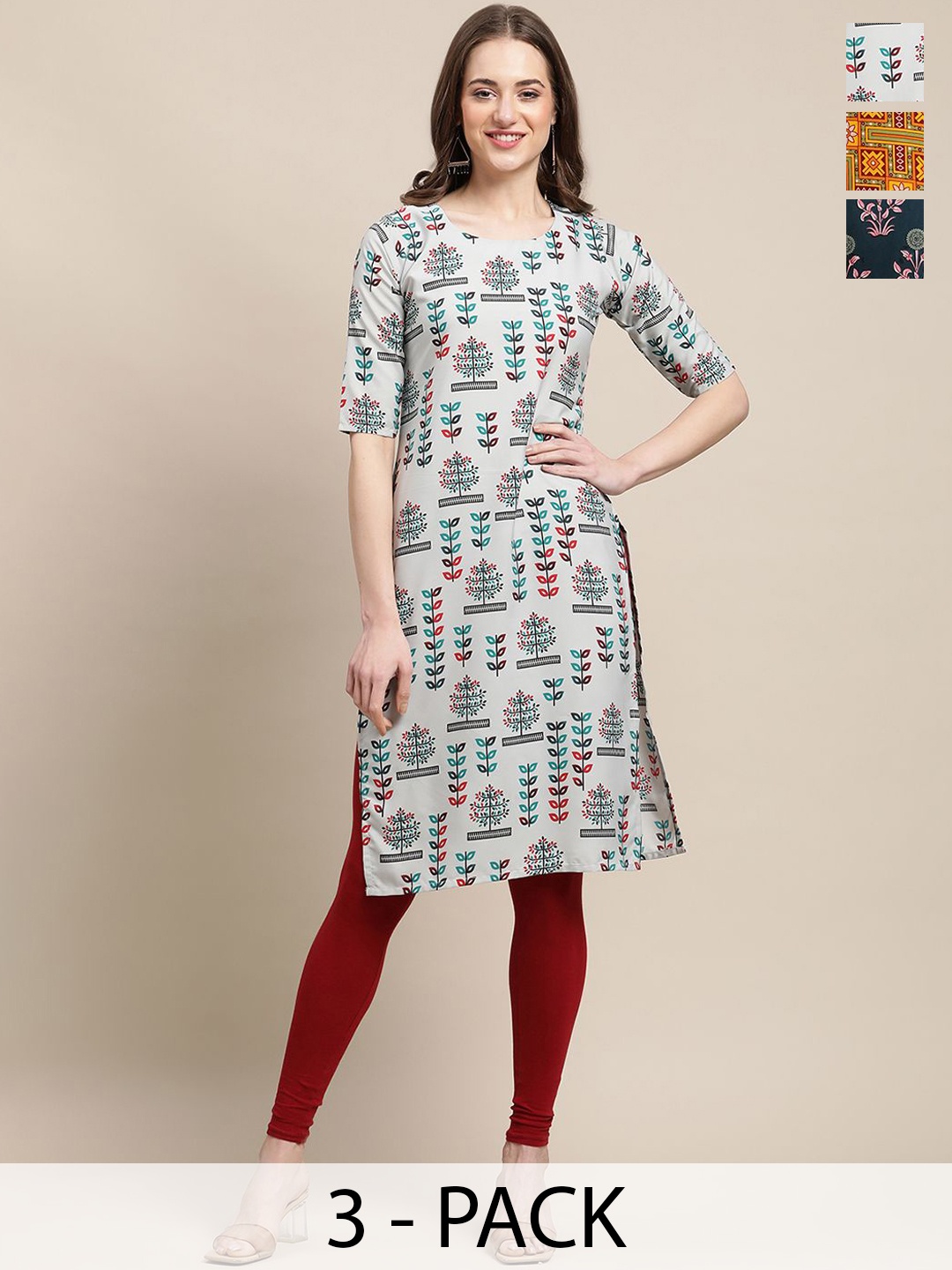 

7Threads Selection of 3 Ethnic Motifs Printed Crepe Straight Kurta, Grey