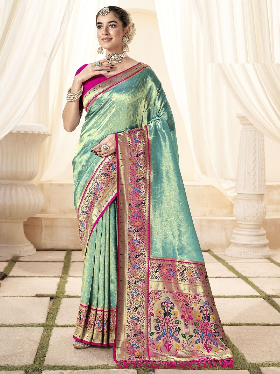 

MAHALASA Woven Design Zari Tissue Paithani Saree, Sea green