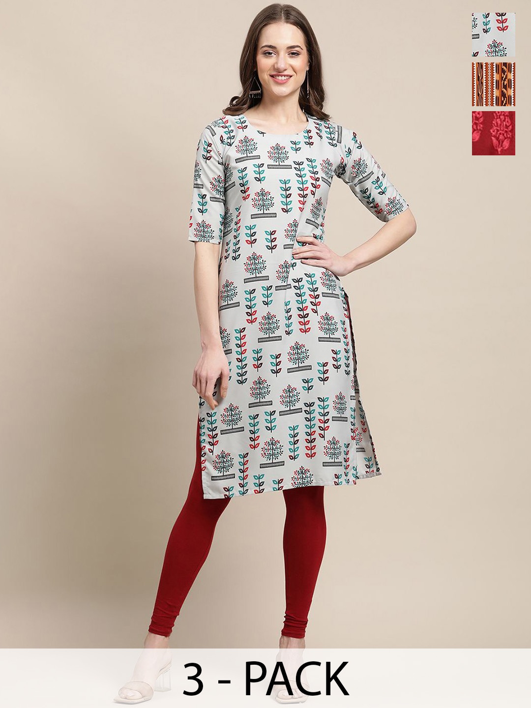 

7Threads Selection Of 3 Ethnic Motifs Printed Round Neck Straight Crepe Kurtas, Green