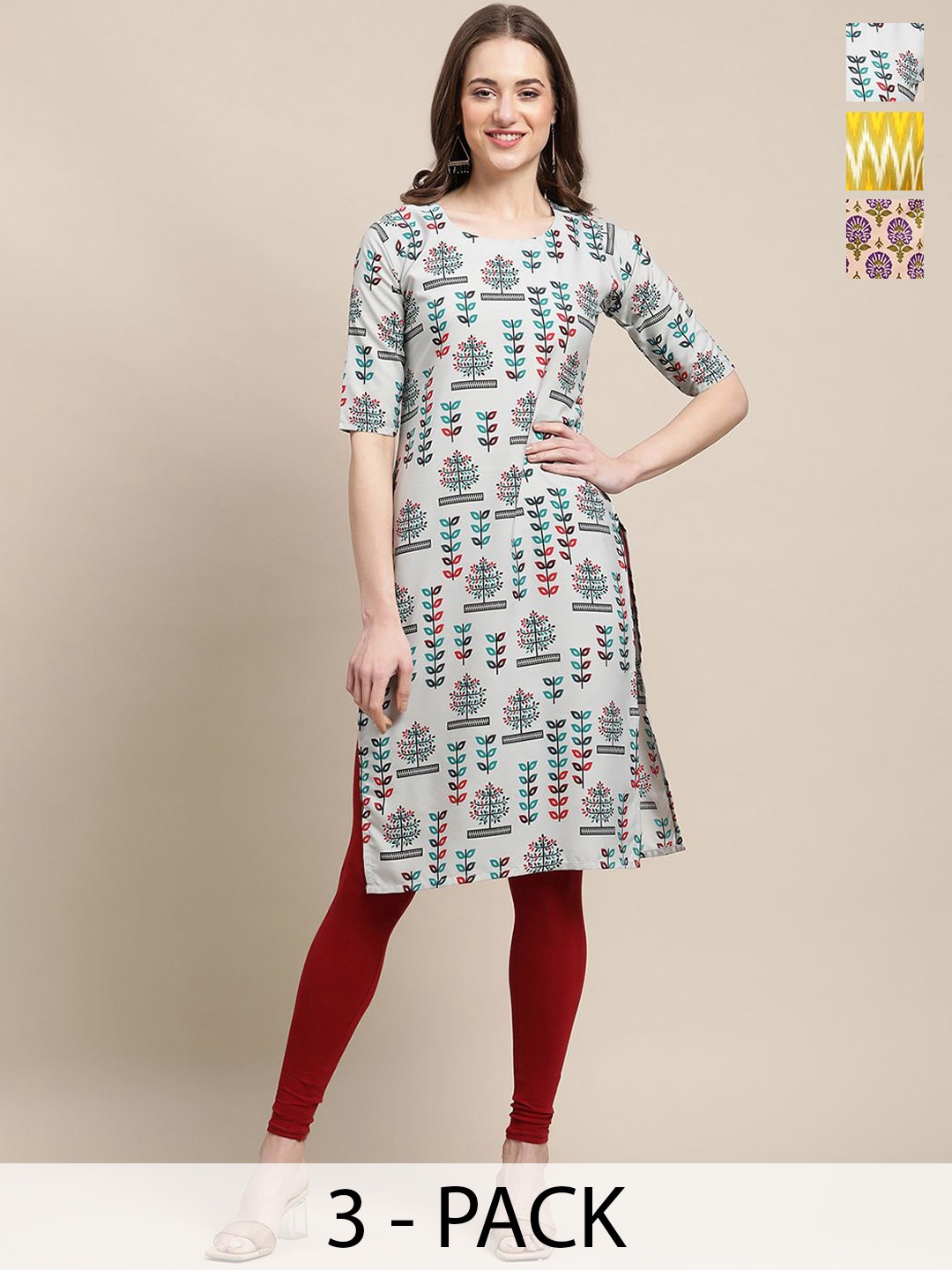 

7Threads Selection of 3 Ethnic Motifs Printed Crepe Straight Kurta, Grey