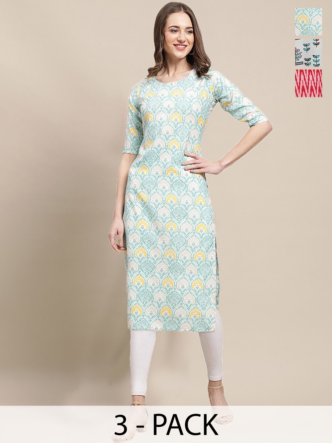 

7Threads Selection Of 3 Ethnic Motifs Printed Straight Kurtas, Grey