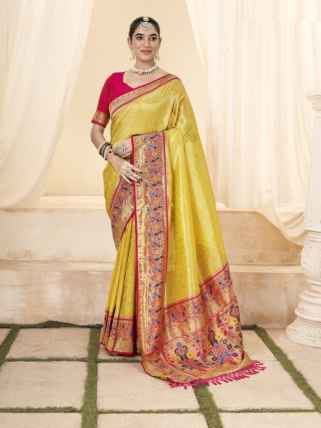 

MAHALASA Woven Design Zari Tissue Paithani Saree, Yellow