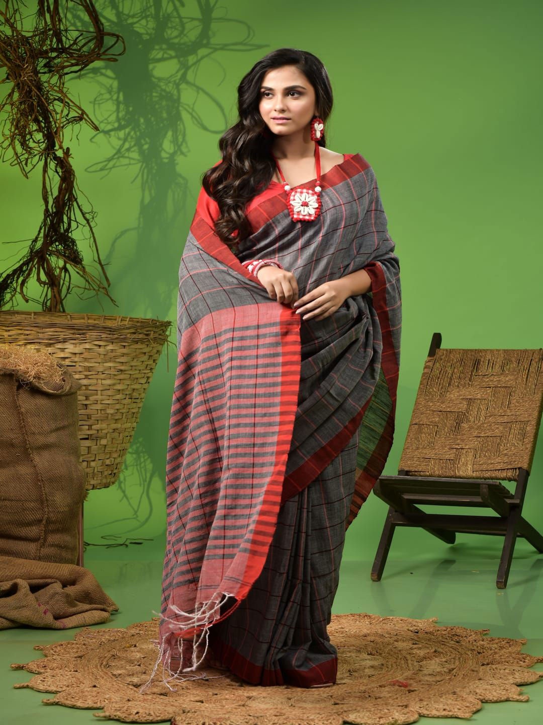 

T.J. SAREES Striped Pure Cotton Khadi Saree, Grey