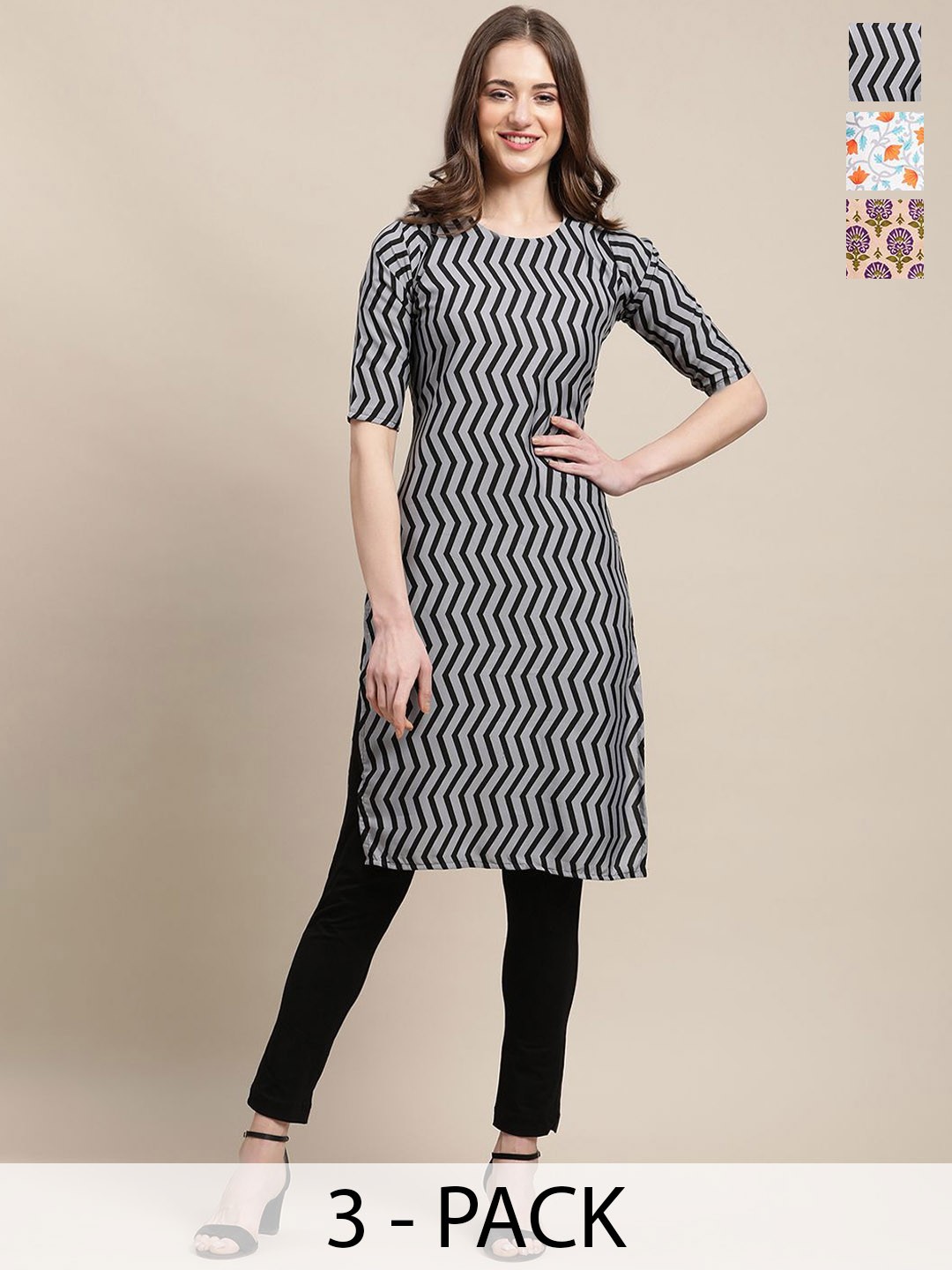 

7Threads Selection Of 3 Floral Printed Round Neck Crepe Straight Kurta, Grey