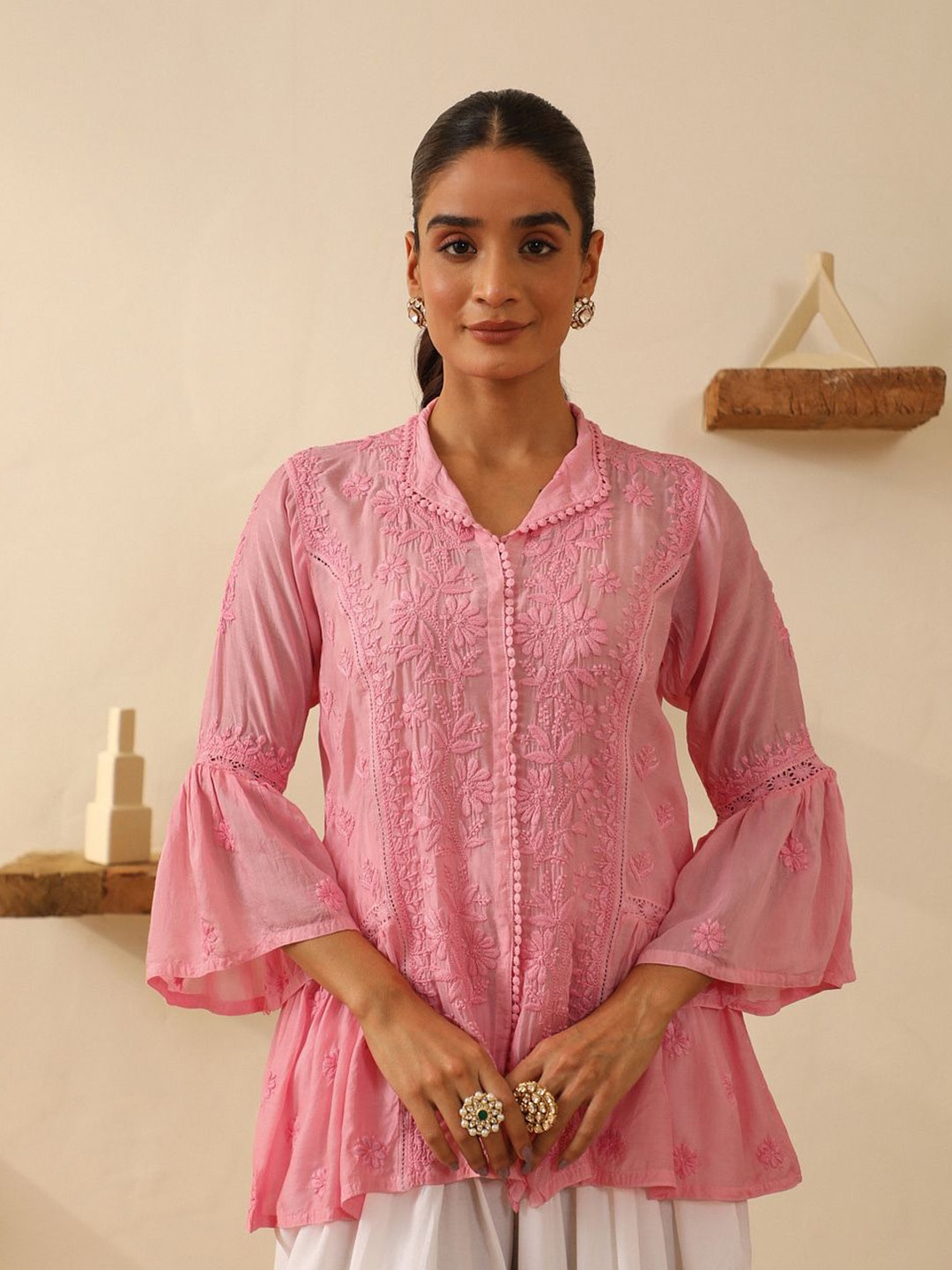 

House of Chikankari Chikankari Woven Short Cotton Kurta, Pink