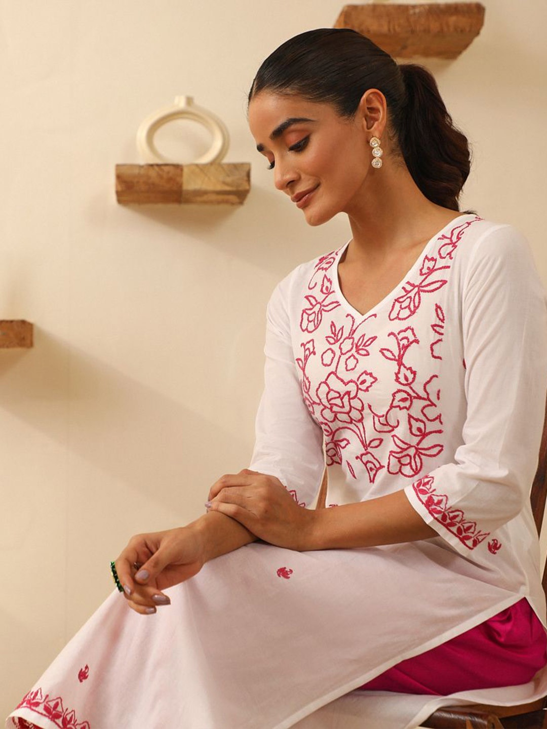 

House of Chikankari Chikankari Woven Long Cotton Kurta, White
