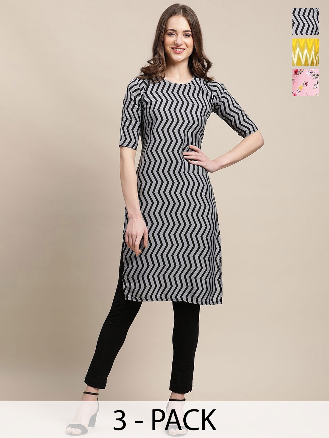 

7Threads Selection Of 3 Chervon Printed Straight Kurta, Black