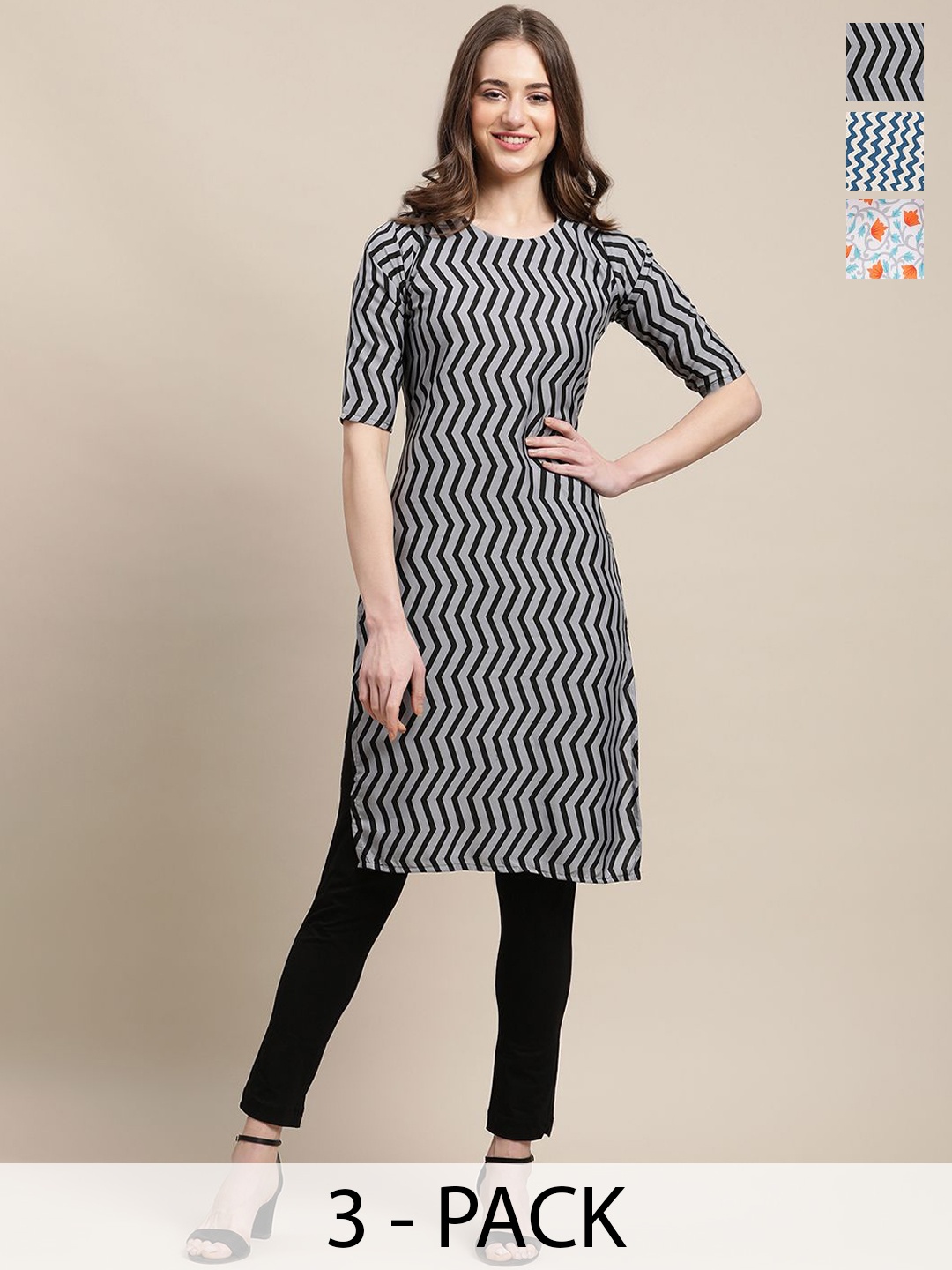 

7Threads Selection Of 3 Chevron Printed Round Neck Straight Kurta, Grey