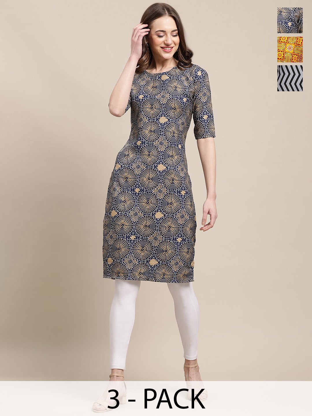 

7Threads Selection of 3 Ethnic Motifs Printed Round Neck Kurtas, Navy blue