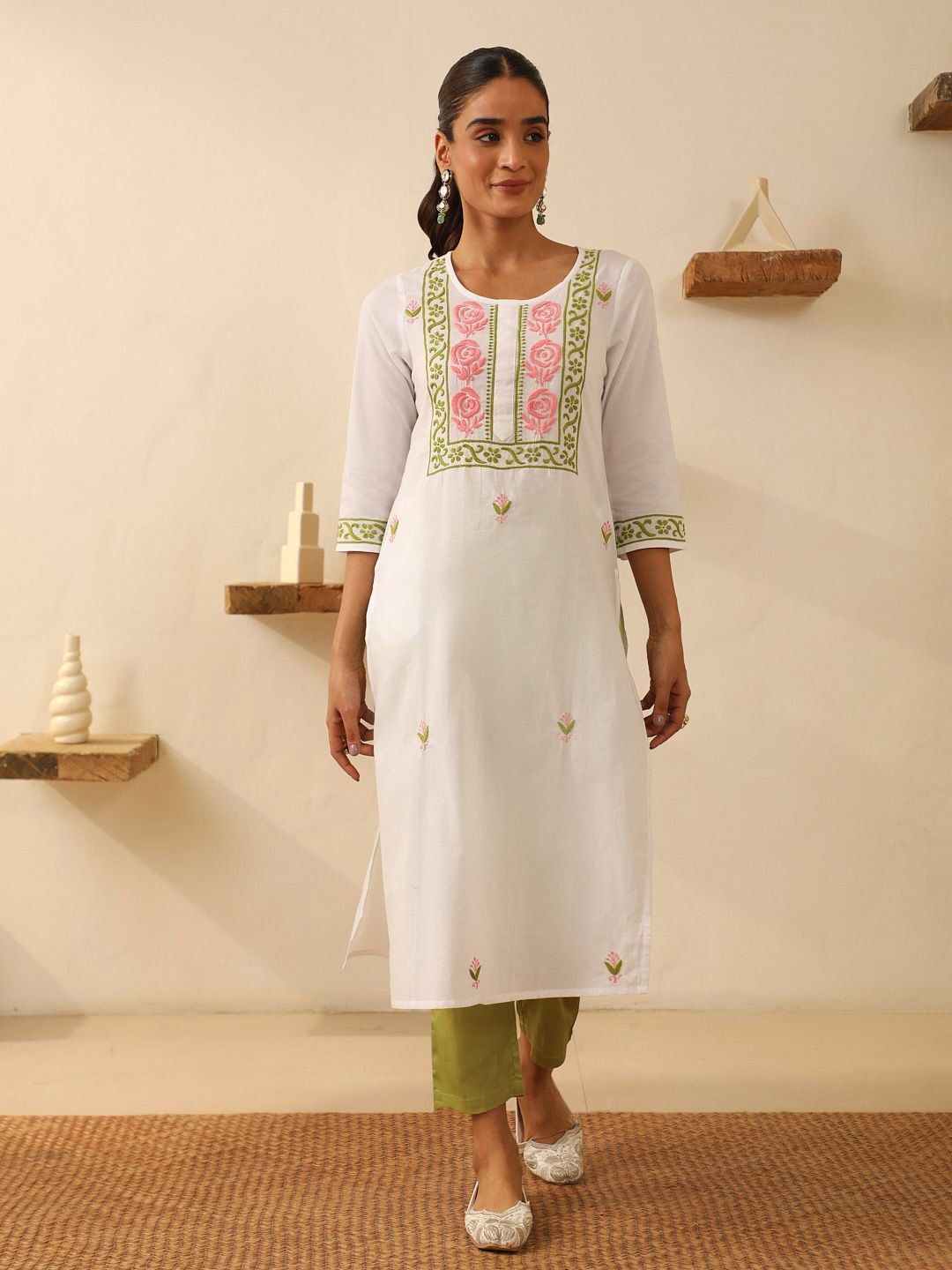 

House of Chikankari Chikankari Woven Long Cotton Kurta, White