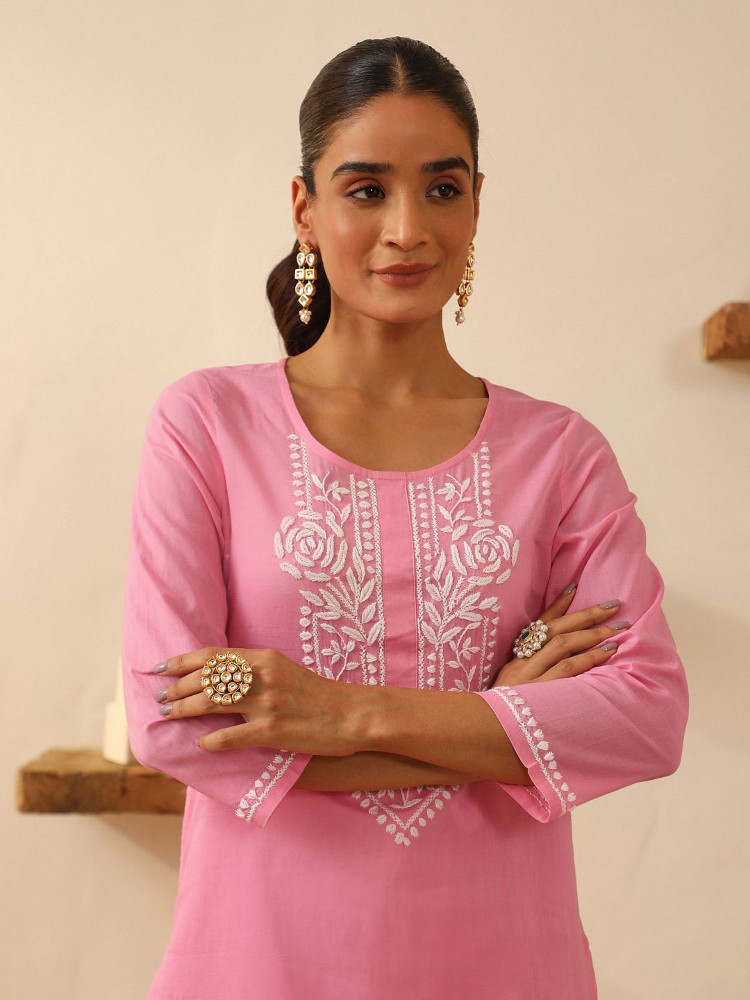 

House of Chikankari Chikankari Woven Long Cotton Kurta, Pink