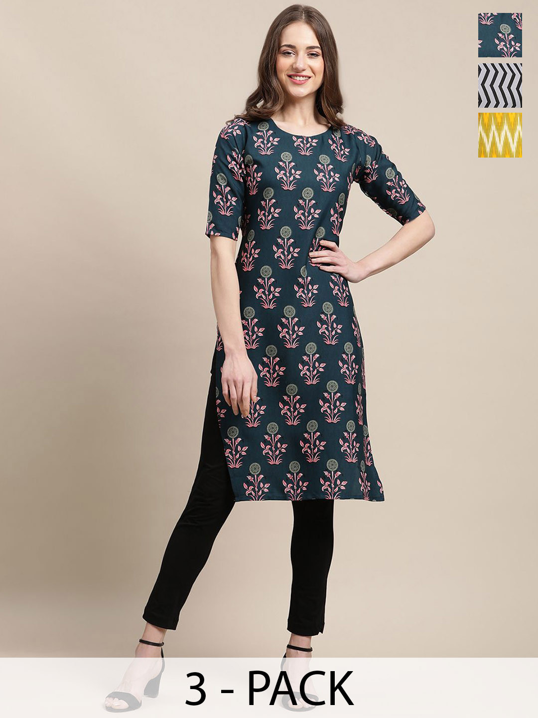 

7Threads Selection Of 3 Ethnic Motifs Printed Straight Kurtas, Green
