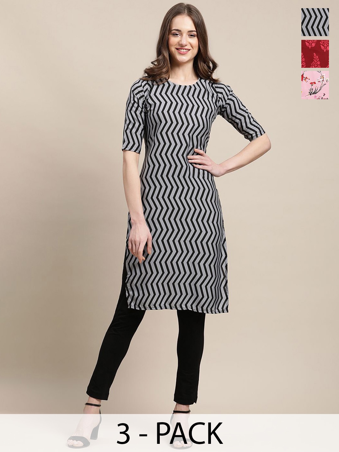 

7Threads Selection Of 3 Chevron Printed Round Neck Kurtas, Grey