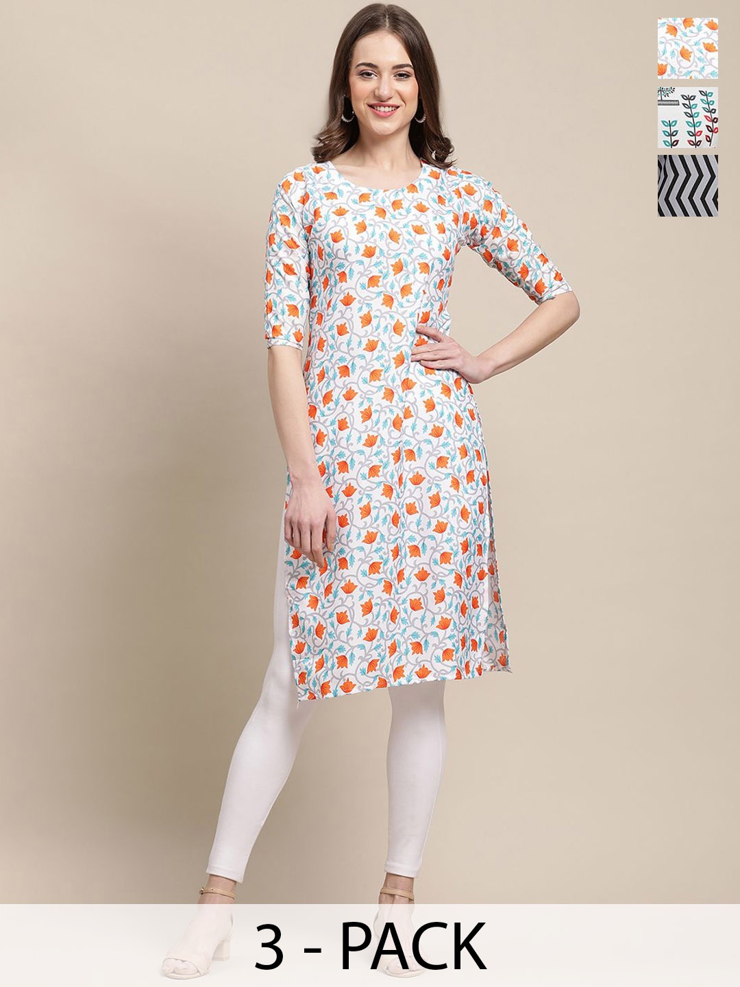

7Threads Selection Of 3 Chevron Printed Round Neck Straight Crepe Kurtas, White