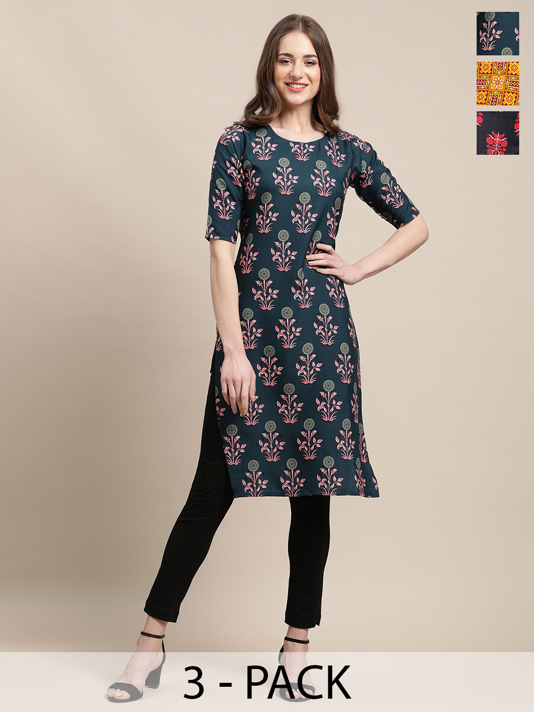 

7Threads Selection of 3 Ethnic Motifs Printed Round Neck Crepe Straight Kurtas, Green