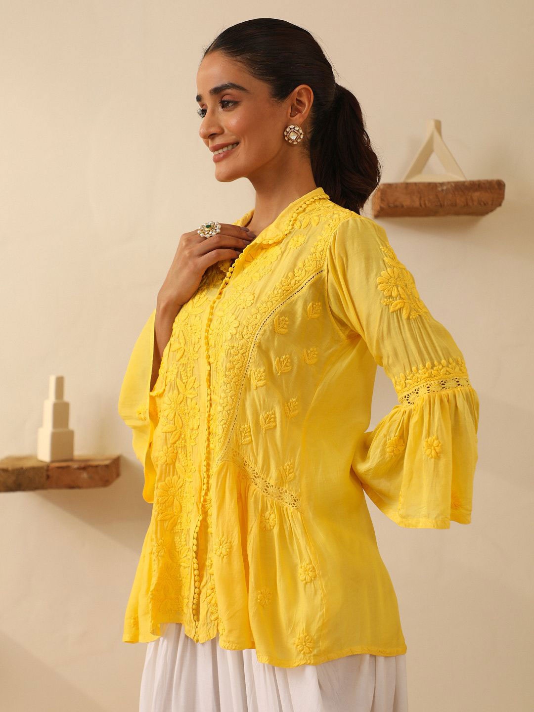 

House of Chikankari Chikankari A-Line Woven Short Kurta, Yellow