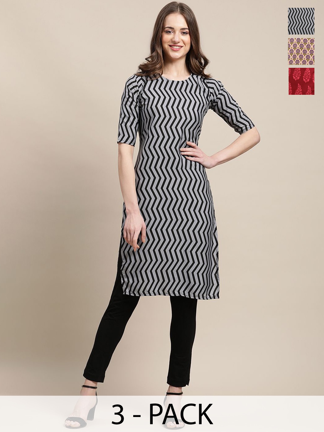 

7Threads Selection of 3 Geometric & Floral Printed Straight Kurtas, Grey
