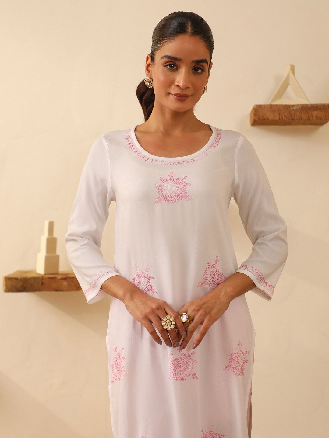 

House of Chikankari Chikankari Woven Long Cotton Kurta, White
