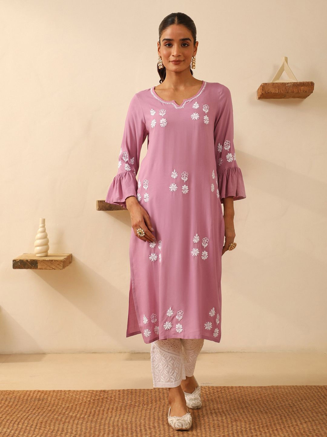 

House of Chikankari Chikankari Woven Long Kurta, Pink