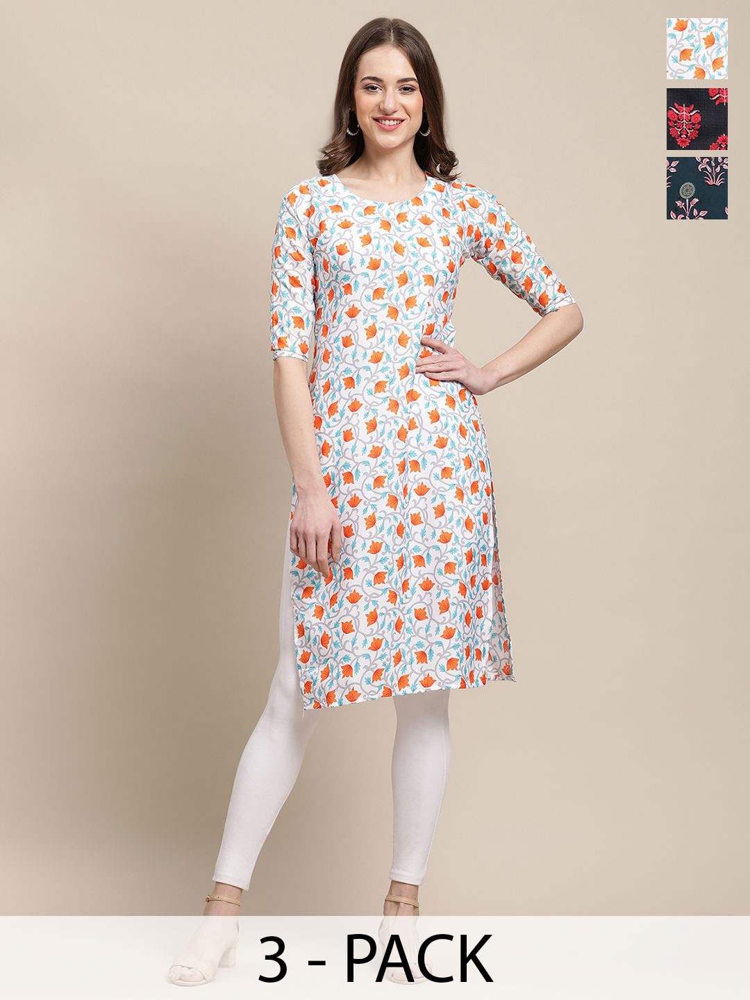 

7Threads Selection Of 3 Floral Printed Straight Kurta, White