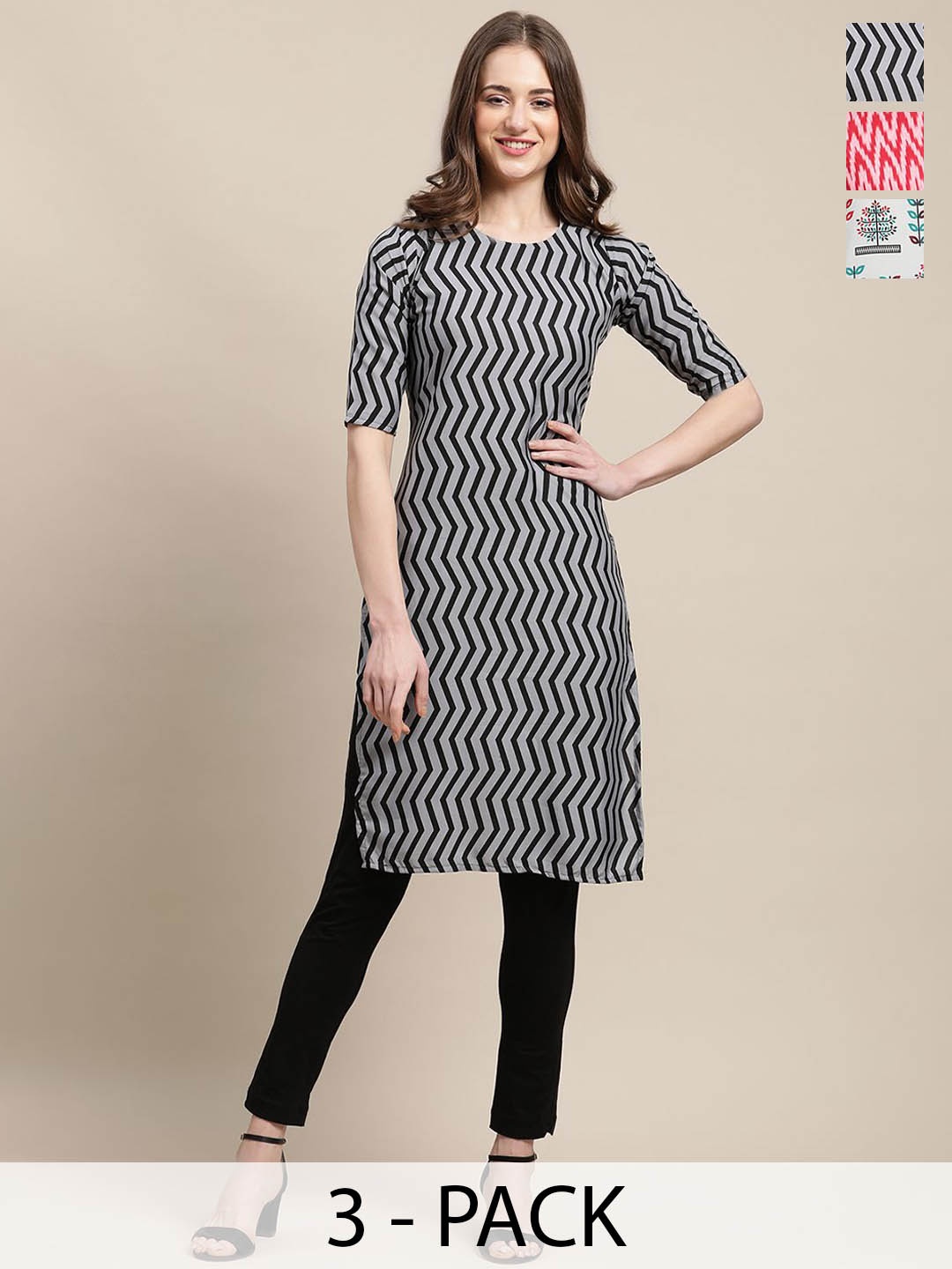 

7Threads Selection of 3 Chevron Printed Crepe Straight Kurta, Black