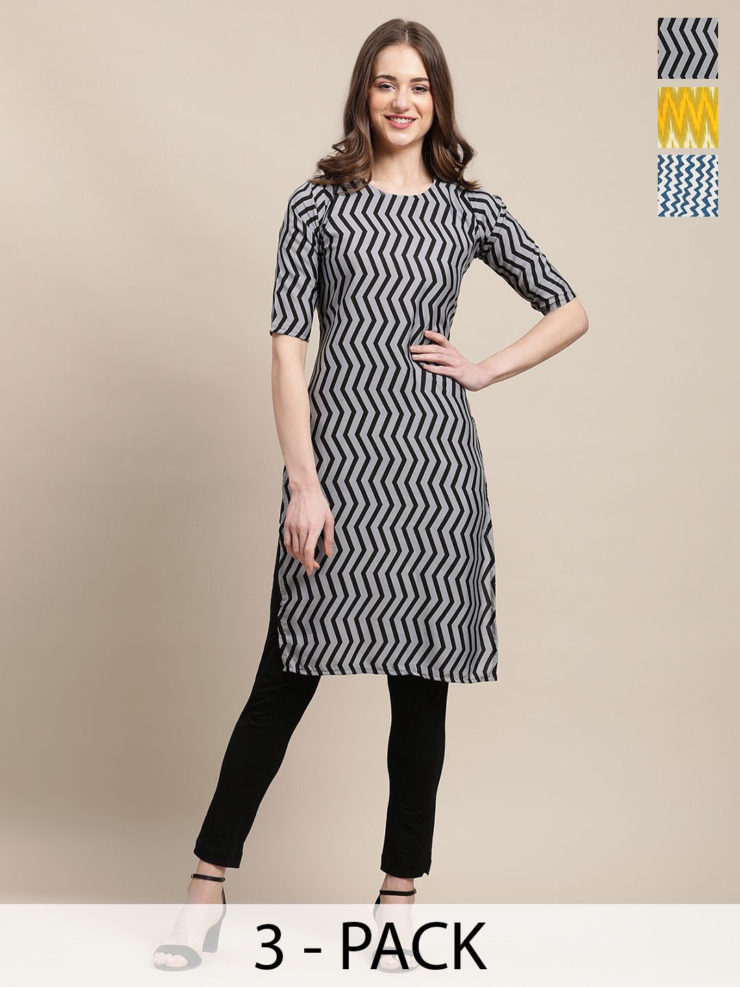 

7Threads Selection Of 3 Geometric Printed Straight Kurtas, Grey