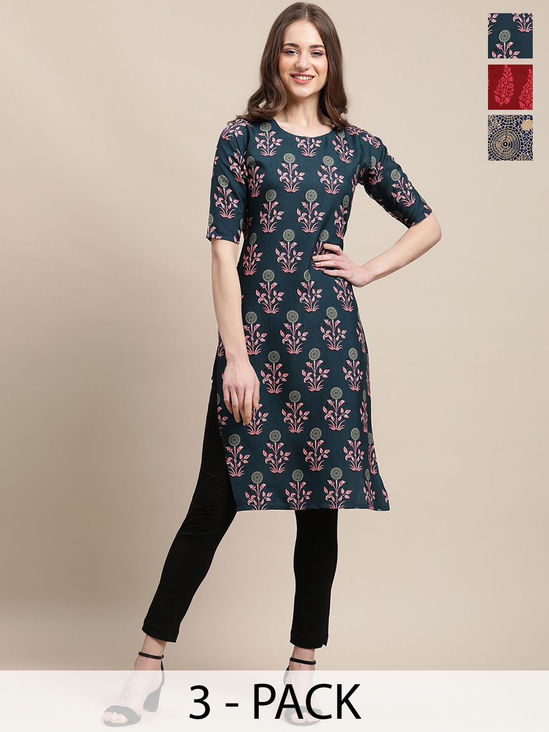 

7Threads Selections Of 3 Ethnic Motifs Printed Straight Kurta, Blue