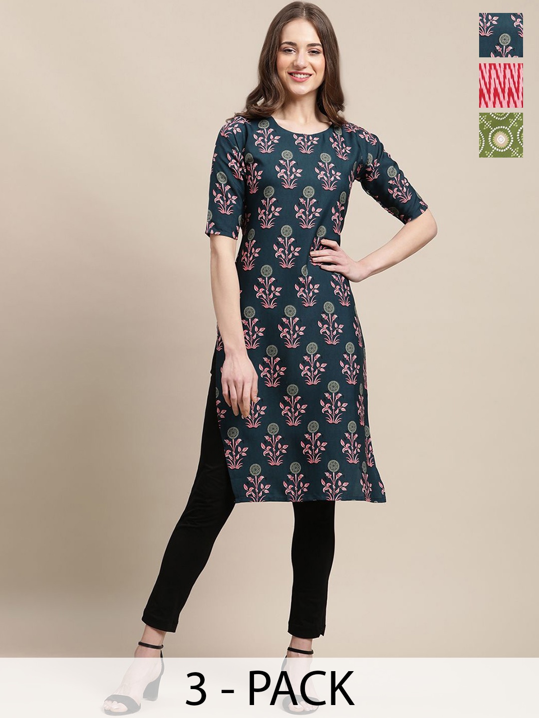 

7Threads Selection Of 3 Ethnic Motifs Printed Round Neck Straight Crepe Kurtas, Green