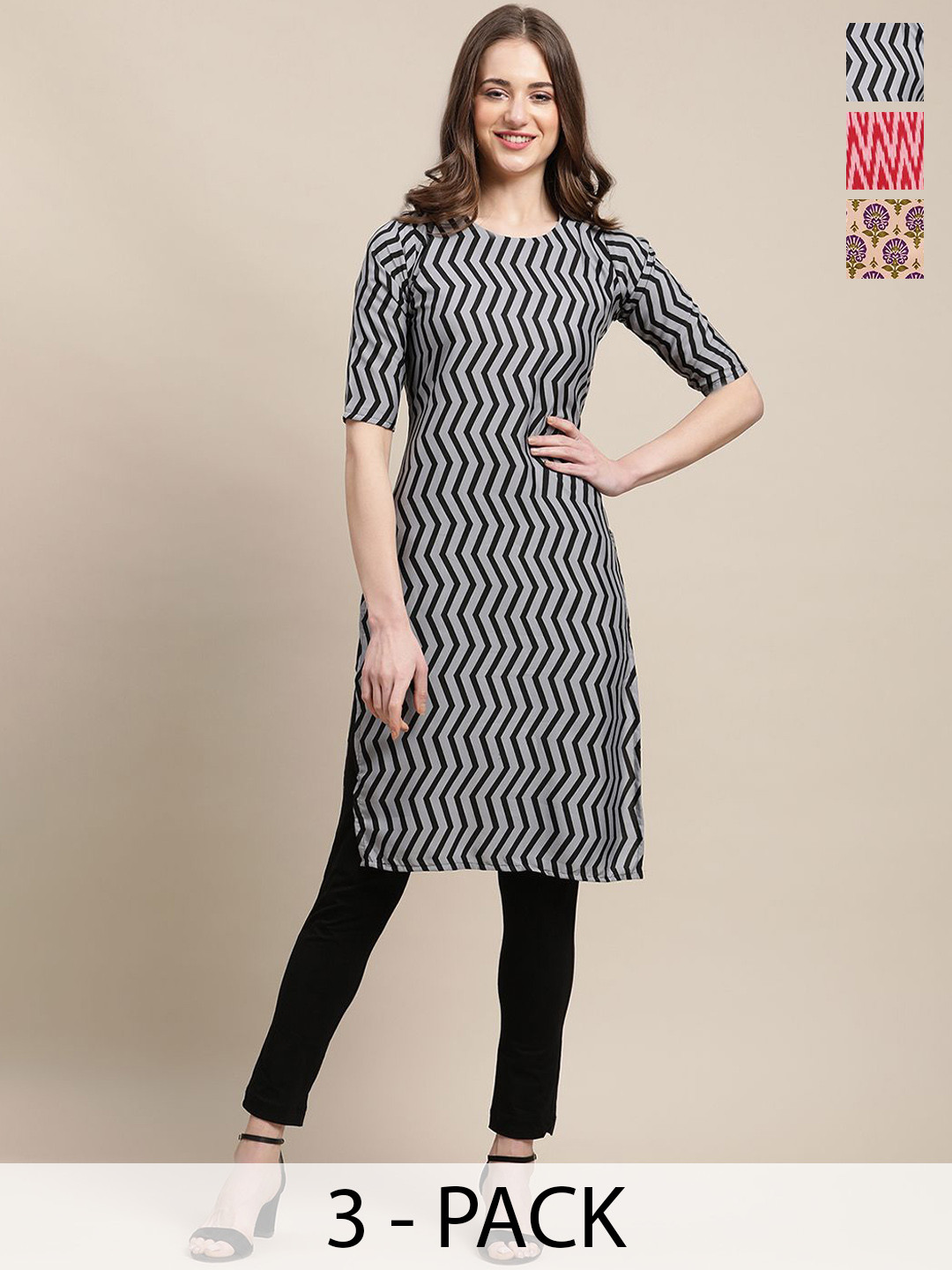 

7Threads Selection of 3 Geometric & Floral Printed Straight Kurtas, Grey