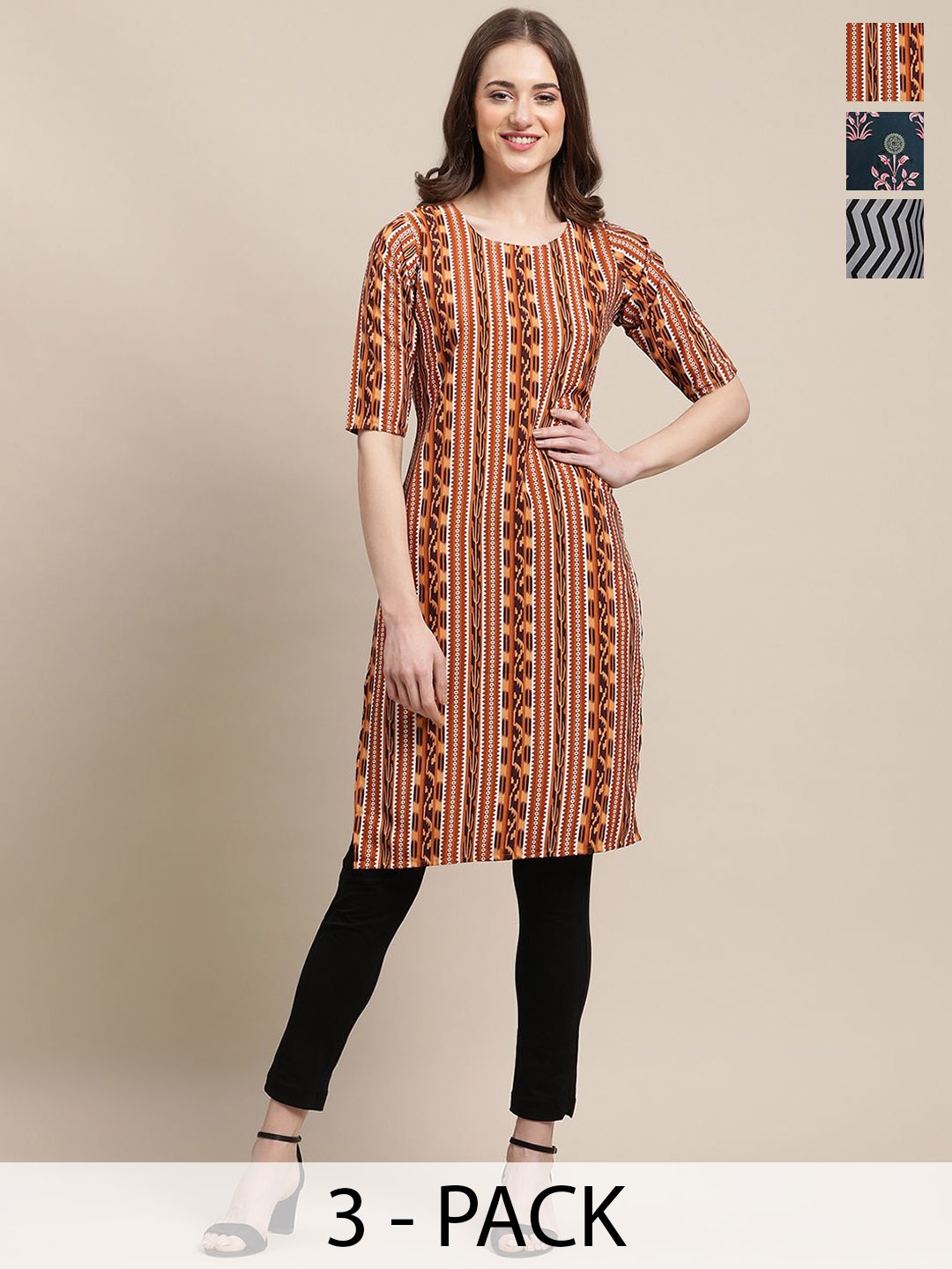 

7Threads Selection Of 3 Ethnic Motifs & Chevron Printed Crepe Straight Kurtas, Brown