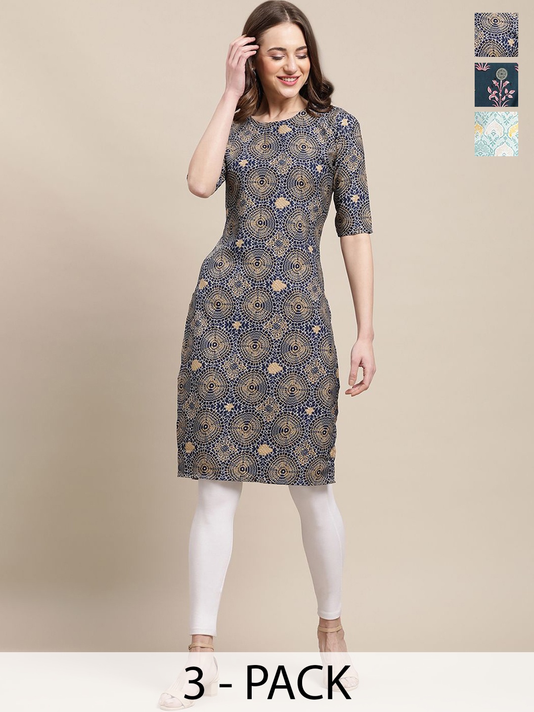 

7Threads Selection Of 3 Ethnic Motifs & Geometric Printed Crepe Straight Kurtas, Navy blue