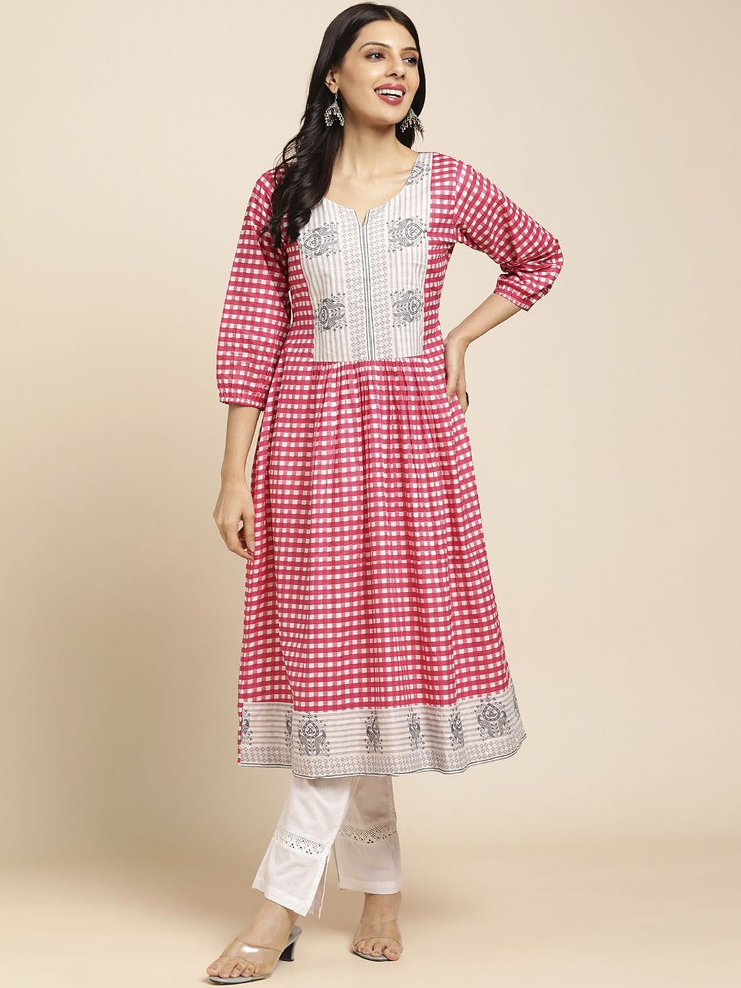 

RATAN Checked Round Neck Puff Sleeves Pleated Pure Cotton Anarkali Kurta, Pink