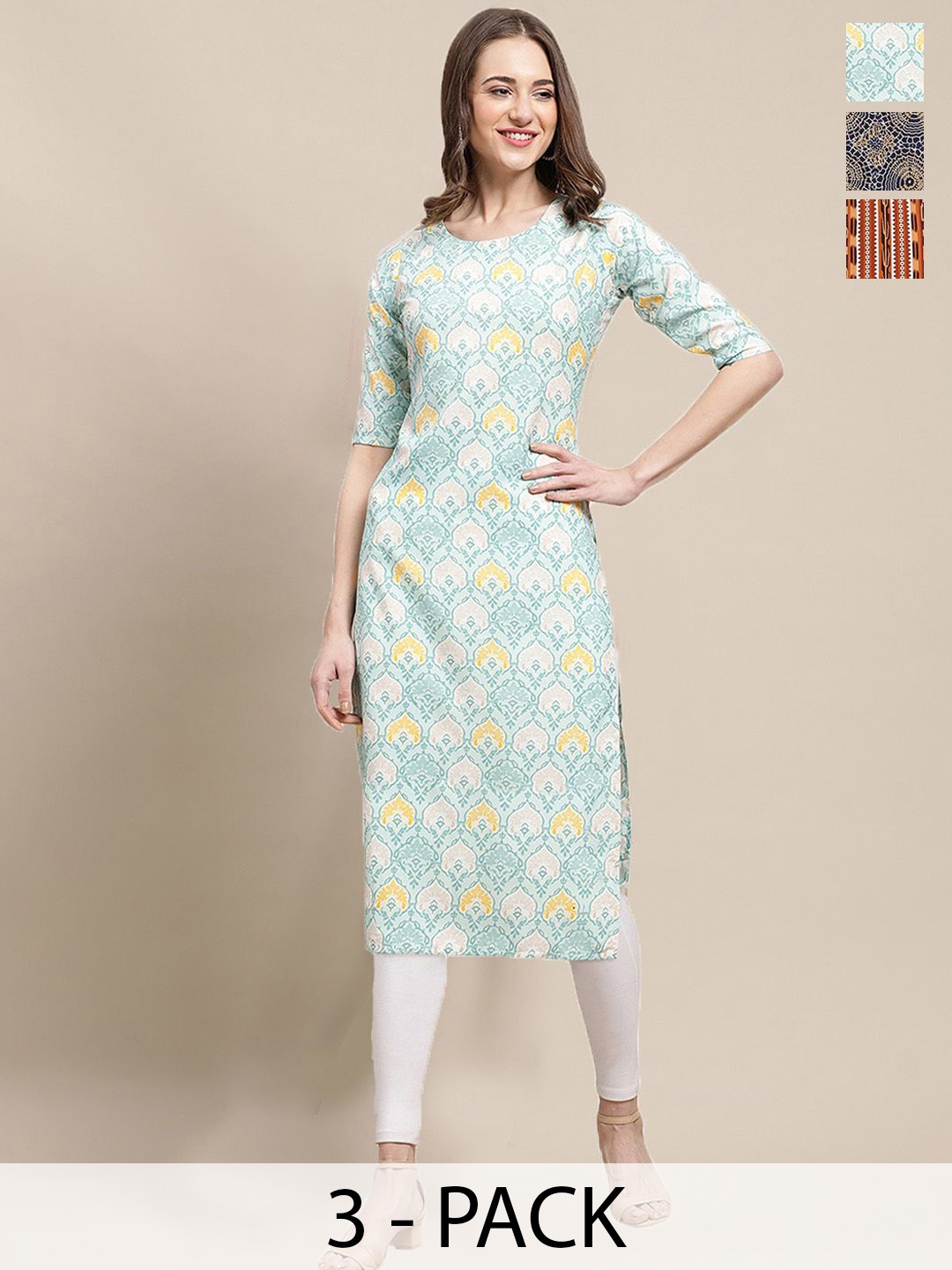 

7Threads Selection Of 3 Ethnic Motifs Printed Round Neck Straight Kurtas, Blue