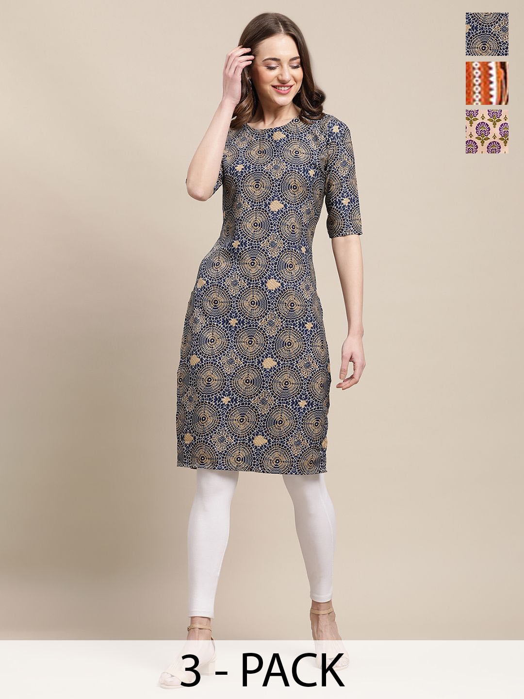 

7Threads Selection Of 3 Geometric Printed Round Neck Crepe Straight Kurta, Blue