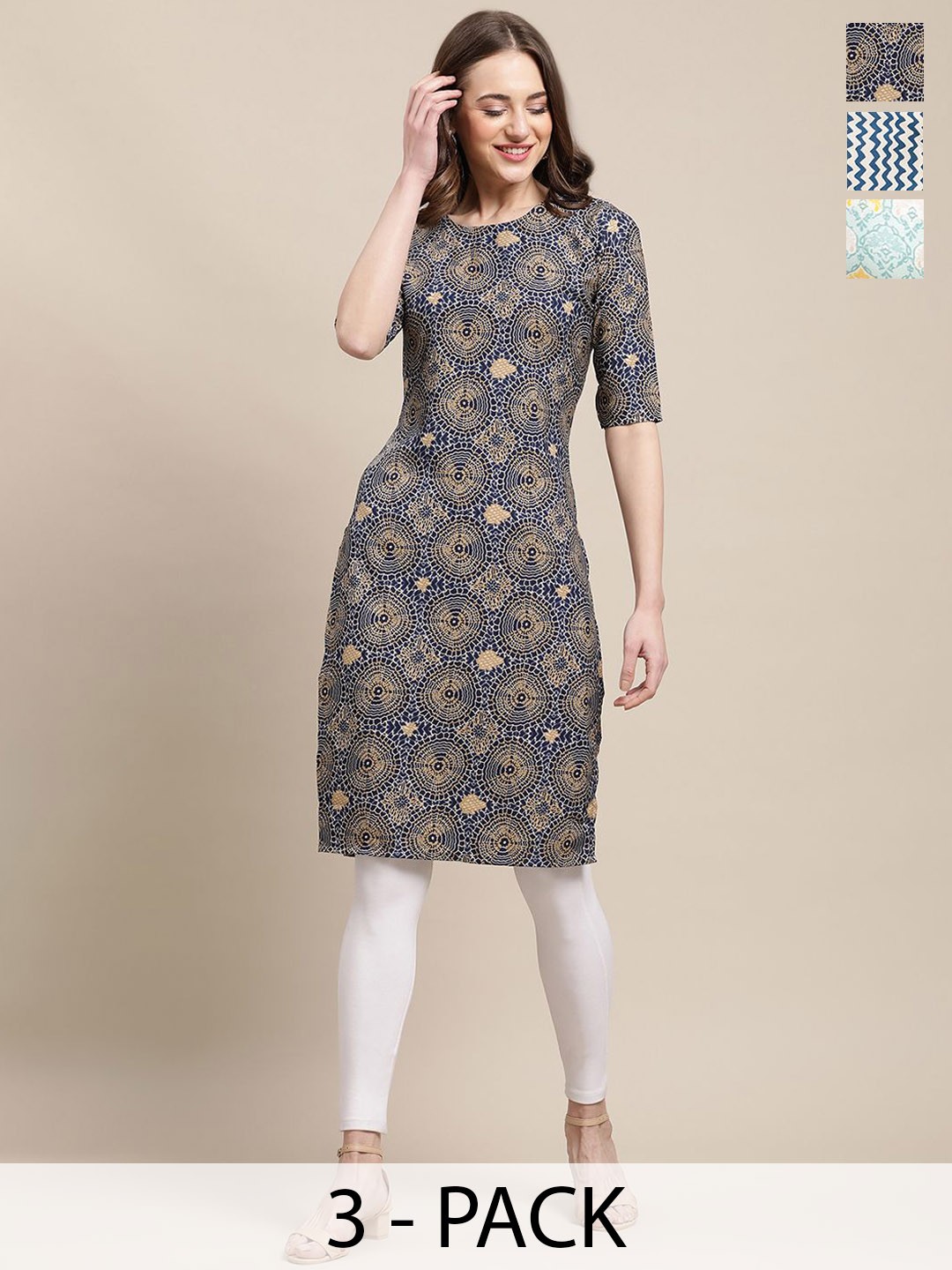 

7Threads Selection Of 3 Ethnic Motifs Printed Straight Kurtas, Navy blue