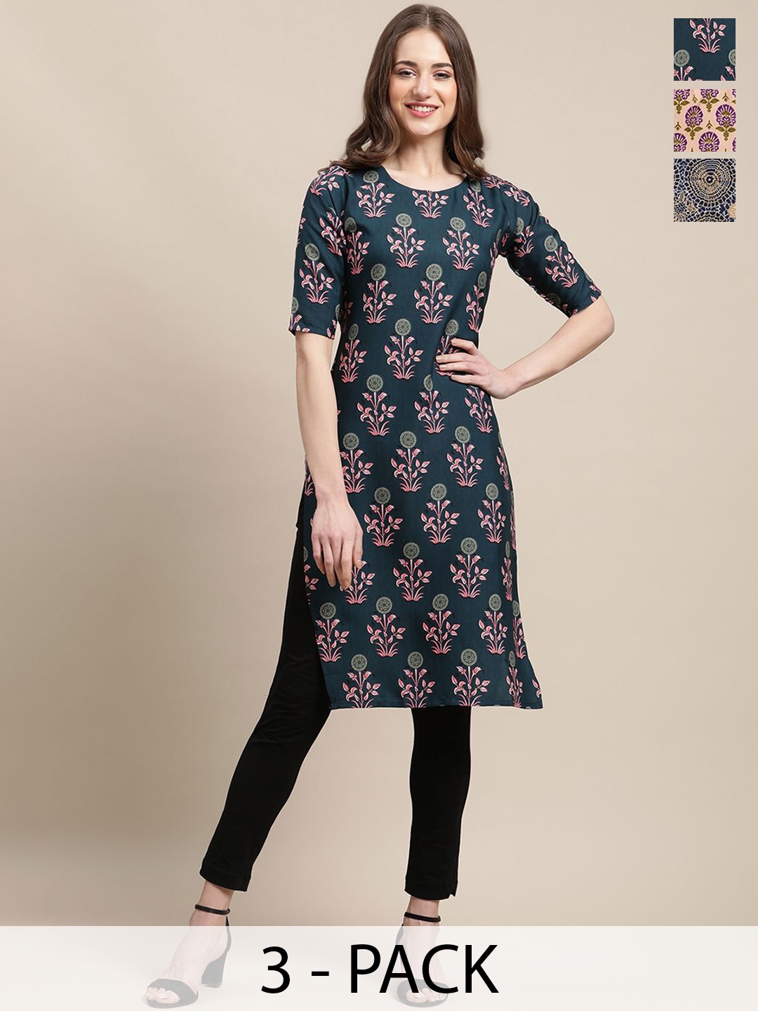 

7Threads Selection Of 3 Floral Printed Round Neck Straight Kurtas, Teal