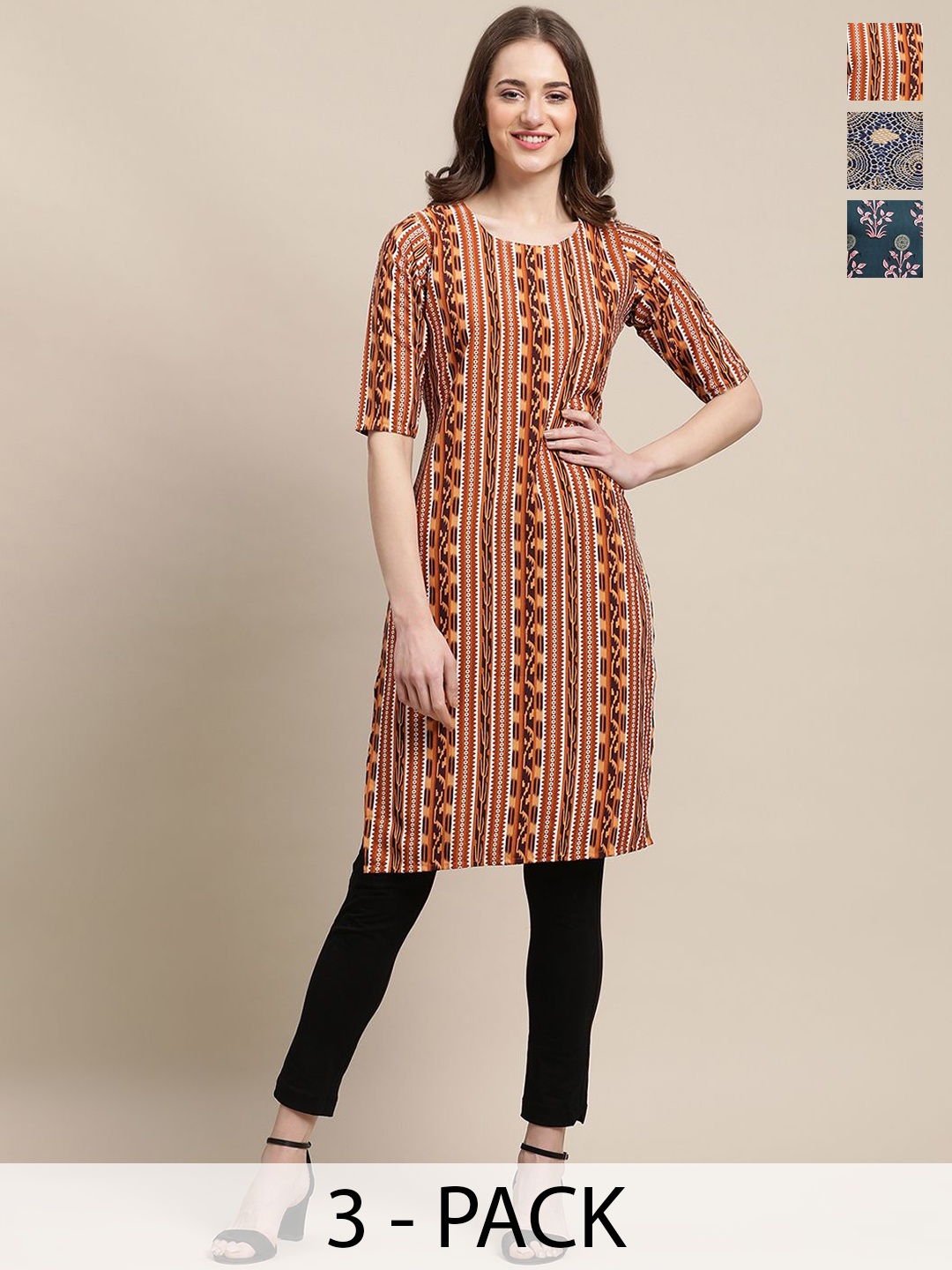 

7Threads Selection of 3 Ethnic Motifs Printed Round Neck Crepe Straight Kurtas, Brown