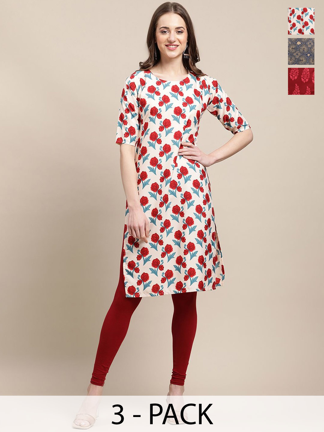 

7Threads Selection Of 3 Floral Printed Straight Kurtas, White