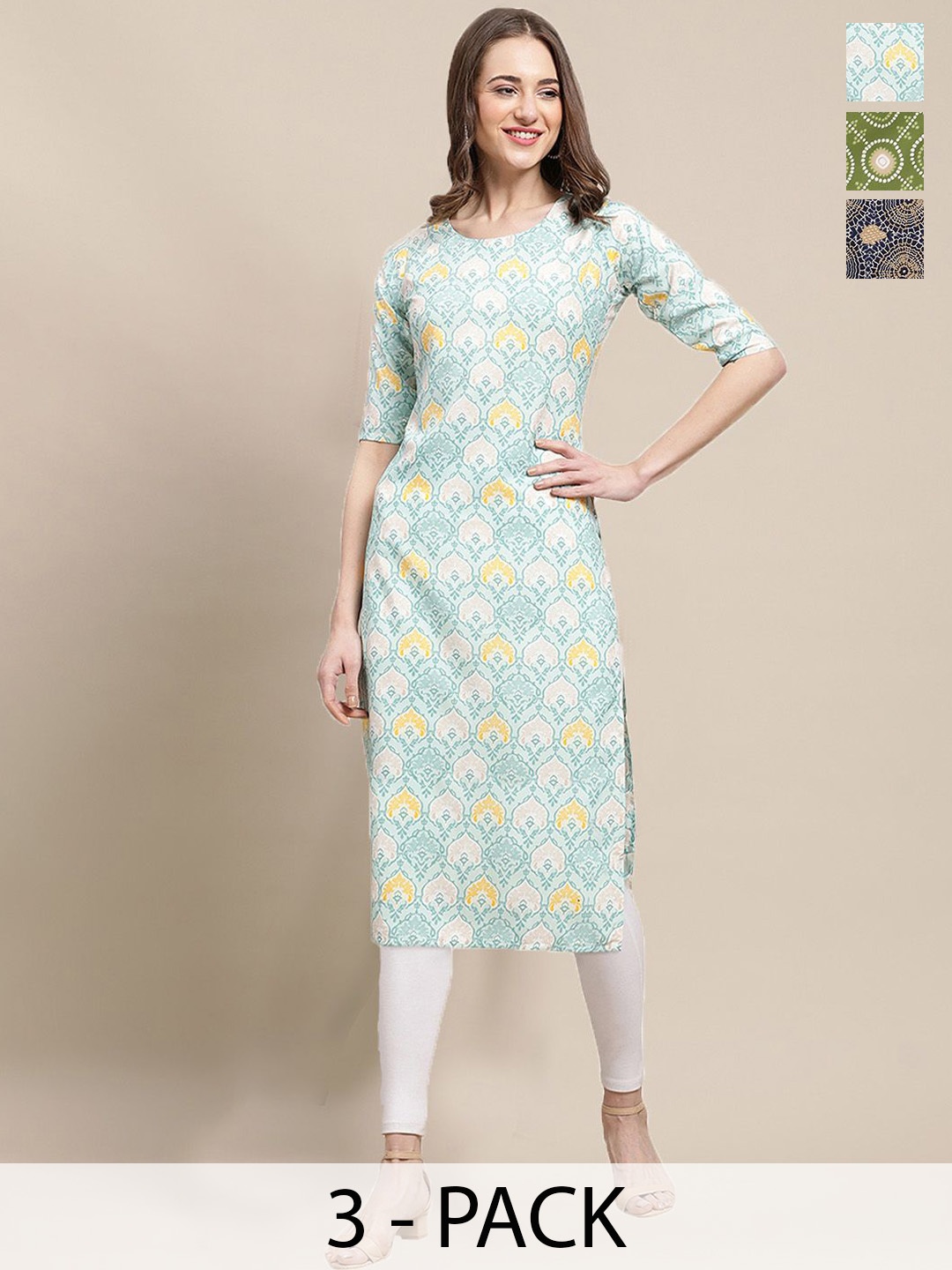 

7Threads Selection Of 3 Ethnic Motifs Printed Round Neck Crepe Straight Kurta, Blue