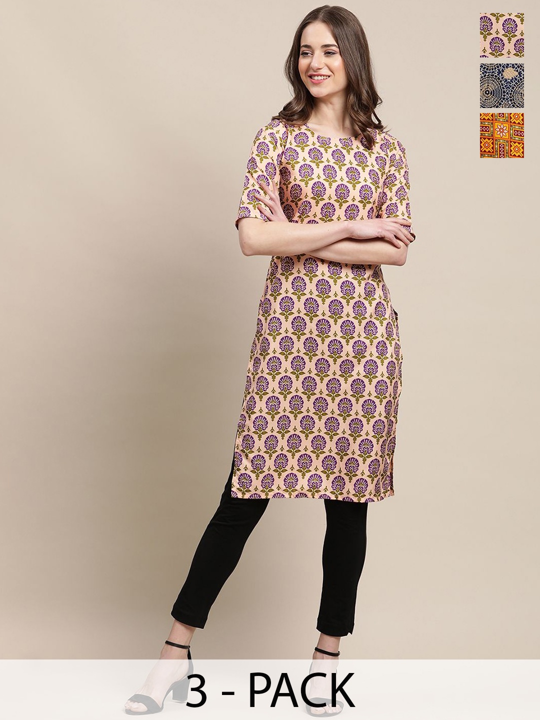 

7Threads Selection Of 3 Ethnic Motifs Printed Straight Kurtas, Peach