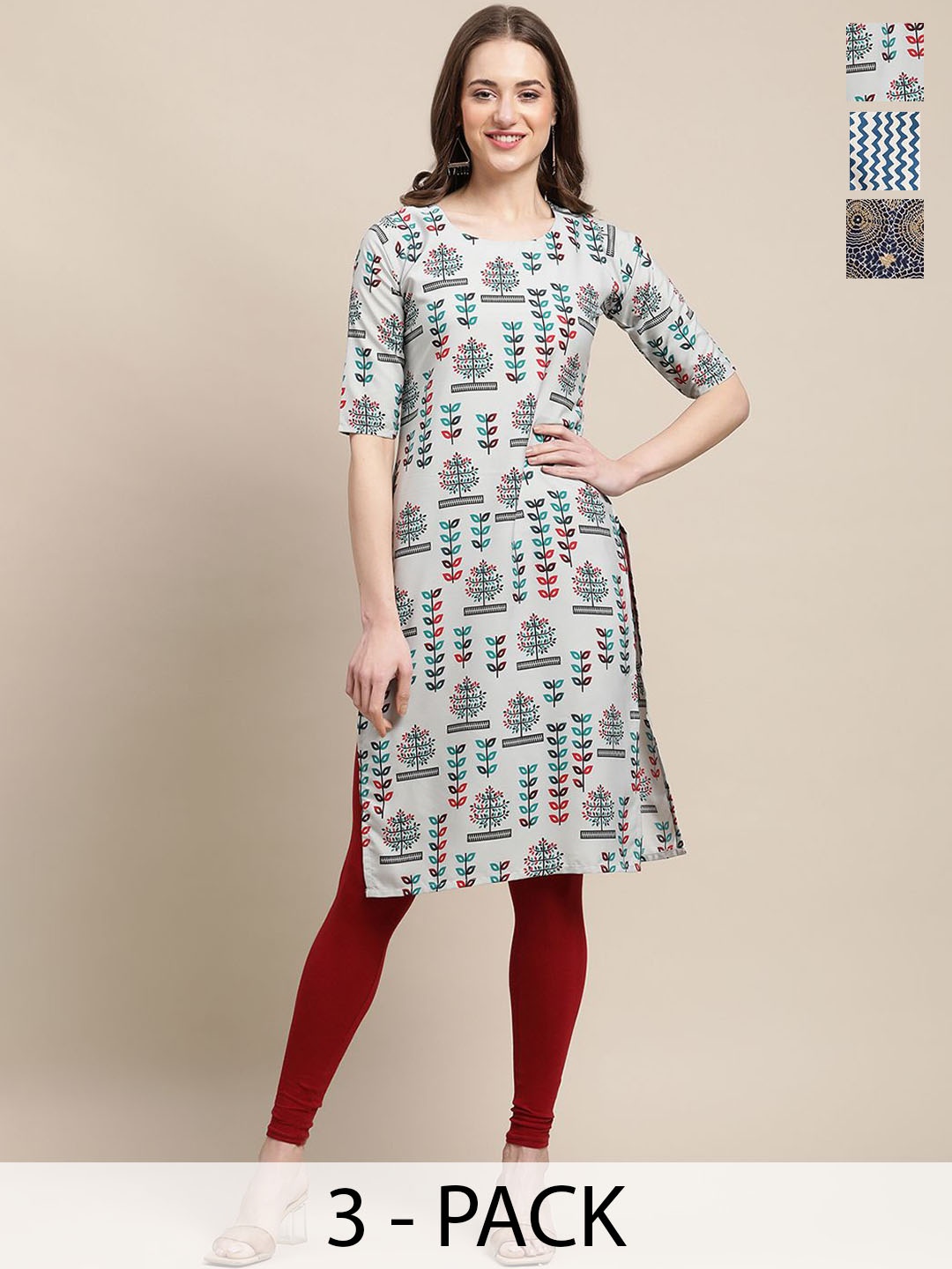 

7Threads Set Of 3 Floral Printed Round Neck Regular Sleeves Machine Weave Straight Kurta, Green
